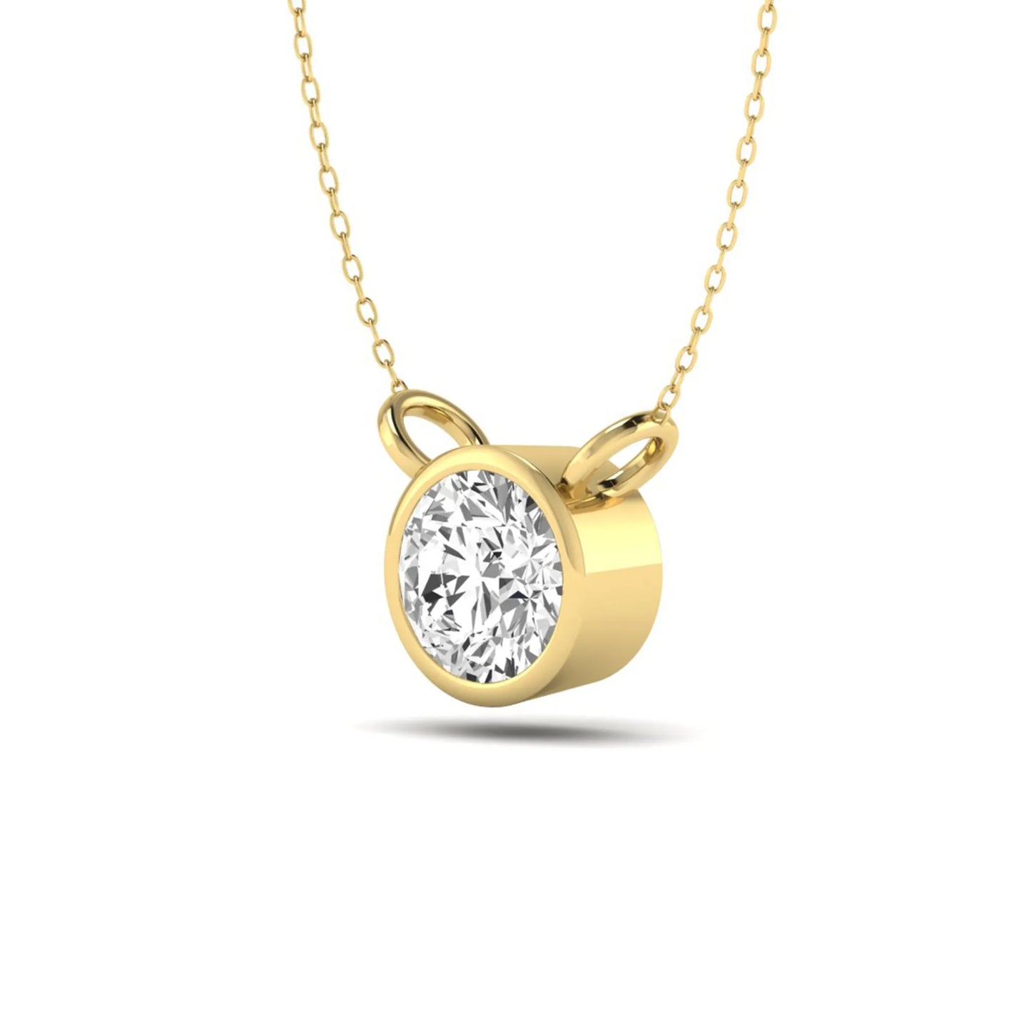 Round brilliant lab grown diamond solitaire pendant necklace with a classic bezel setting in a yellow gold  metal finish.