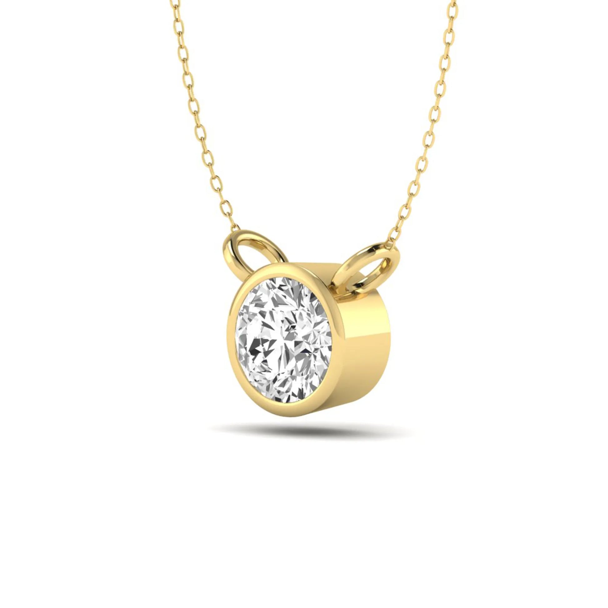 Round brilliant lab grown diamond solitaire pendant necklace with a classic bezel setting in a yellow gold  metal finish.