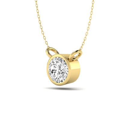 Round brilliant lab grown diamond solitaire pendant necklace with a classic bezel setting in a yellow gold  metal finish.