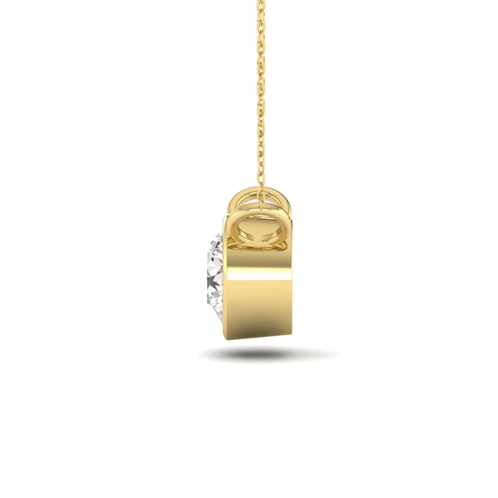 Round brilliant lab grown diamond solitaire pendant necklace with a classic bezel setting in a yellow gold  metal finish.