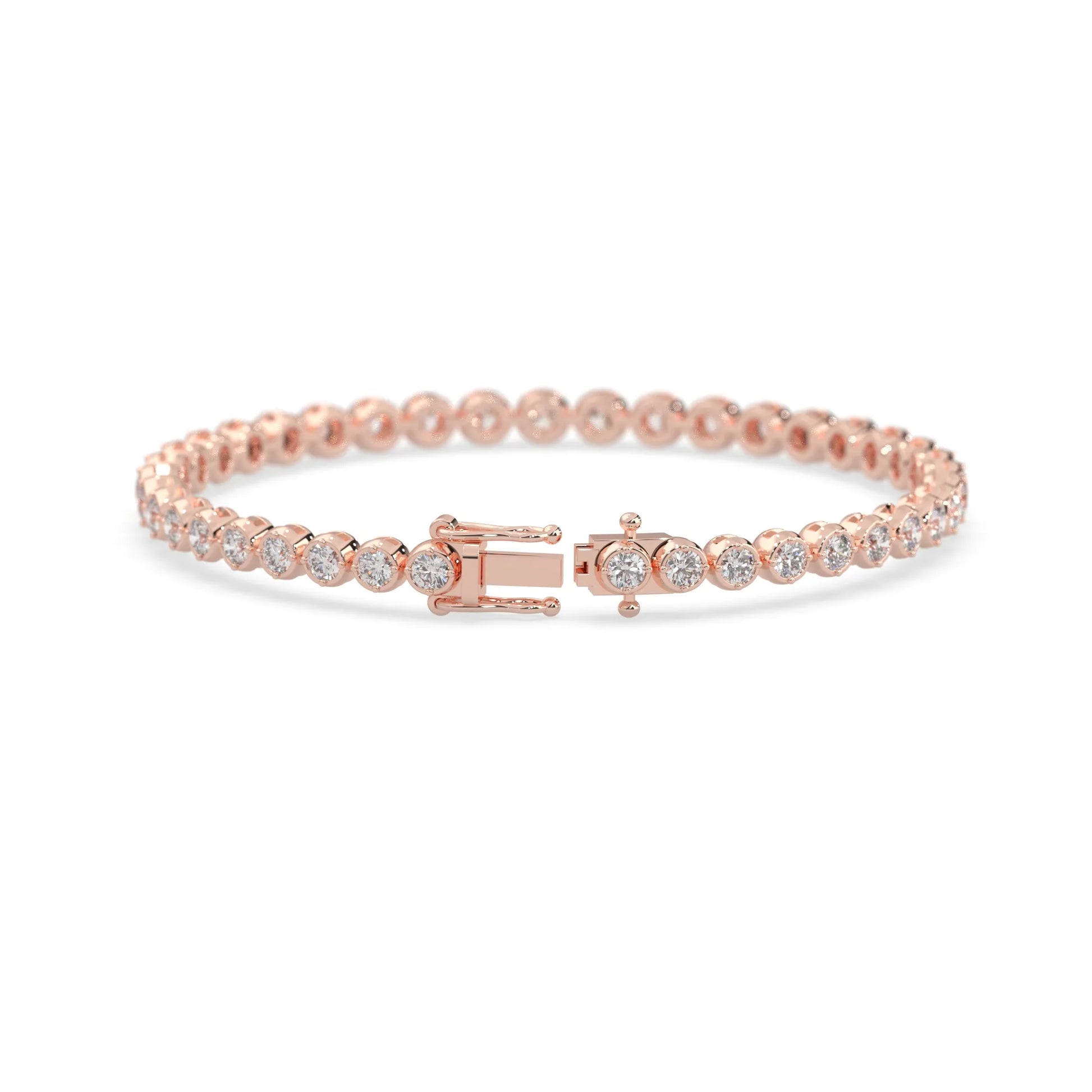 rose gold Round brilliant lab grown diamond tennis bracelet with bezel settings and a secure box clasp with double safety latch.