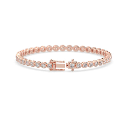 rose gold Round brilliant lab grown diamond tennis bracelet with bezel settings and a secure box clasp with double safety latch.