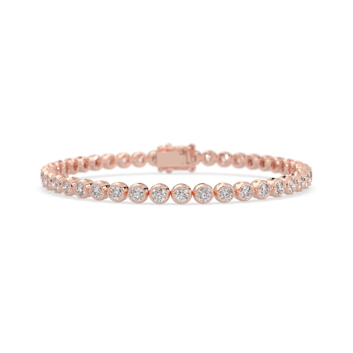 rose gold Round brilliant lab grown diamond tennis bracelet with bezel settings and a secure box clasp with double safety latch.