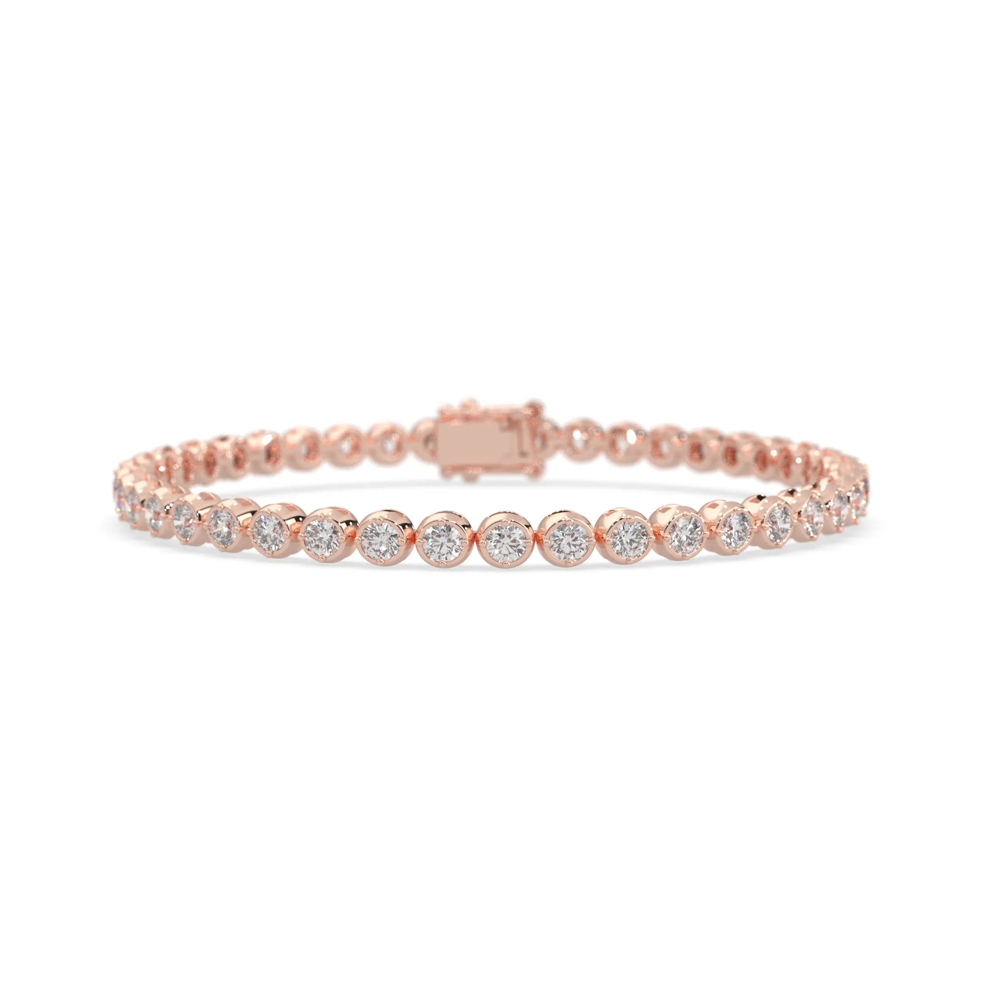 rose gold Round brilliant lab grown diamond tennis bracelet with bezel settings and a secure box clasp with double safety latch.