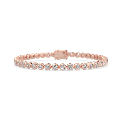 rose gold Round brilliant lab grown diamond tennis bracelet with bezel settings and a secure box clasp with double safety latch.