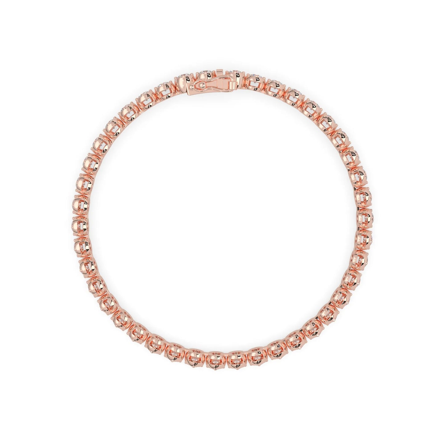 rose gold Round brilliant lab grown diamond tennis bracelet with bezel settings and a secure box clasp with double safety latch.