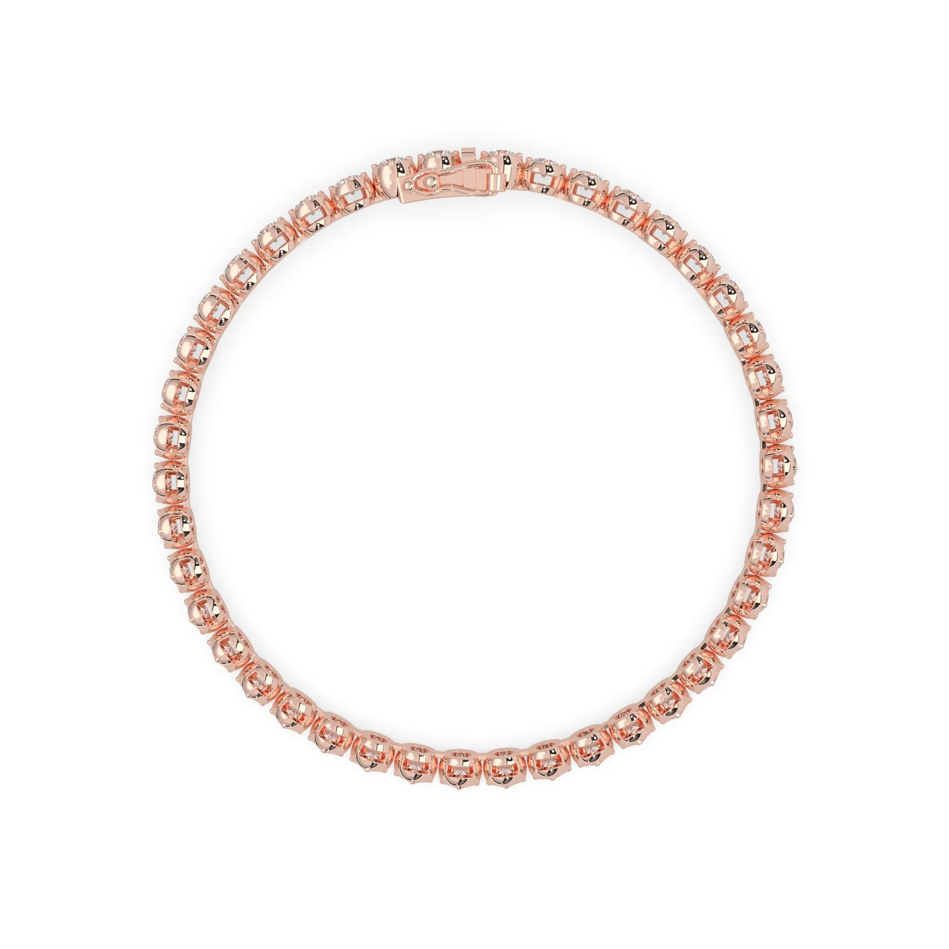 rose gold Round brilliant lab grown diamond tennis bracelet with bezel settings and a secure box clasp with double safety latch.