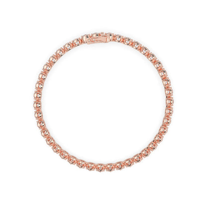 rose gold Round brilliant lab grown diamond tennis bracelet with bezel settings and a secure box clasp with double safety latch.