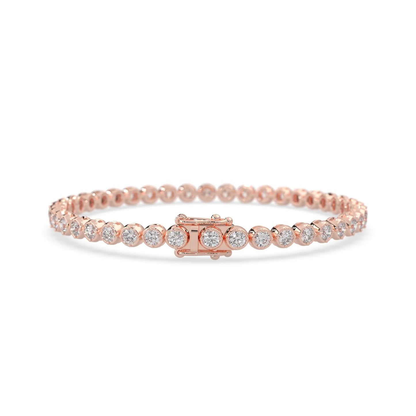 rose gold Round brilliant lab grown diamond tennis bracelet with bezel settings and a secure box clasp with double safety latch.