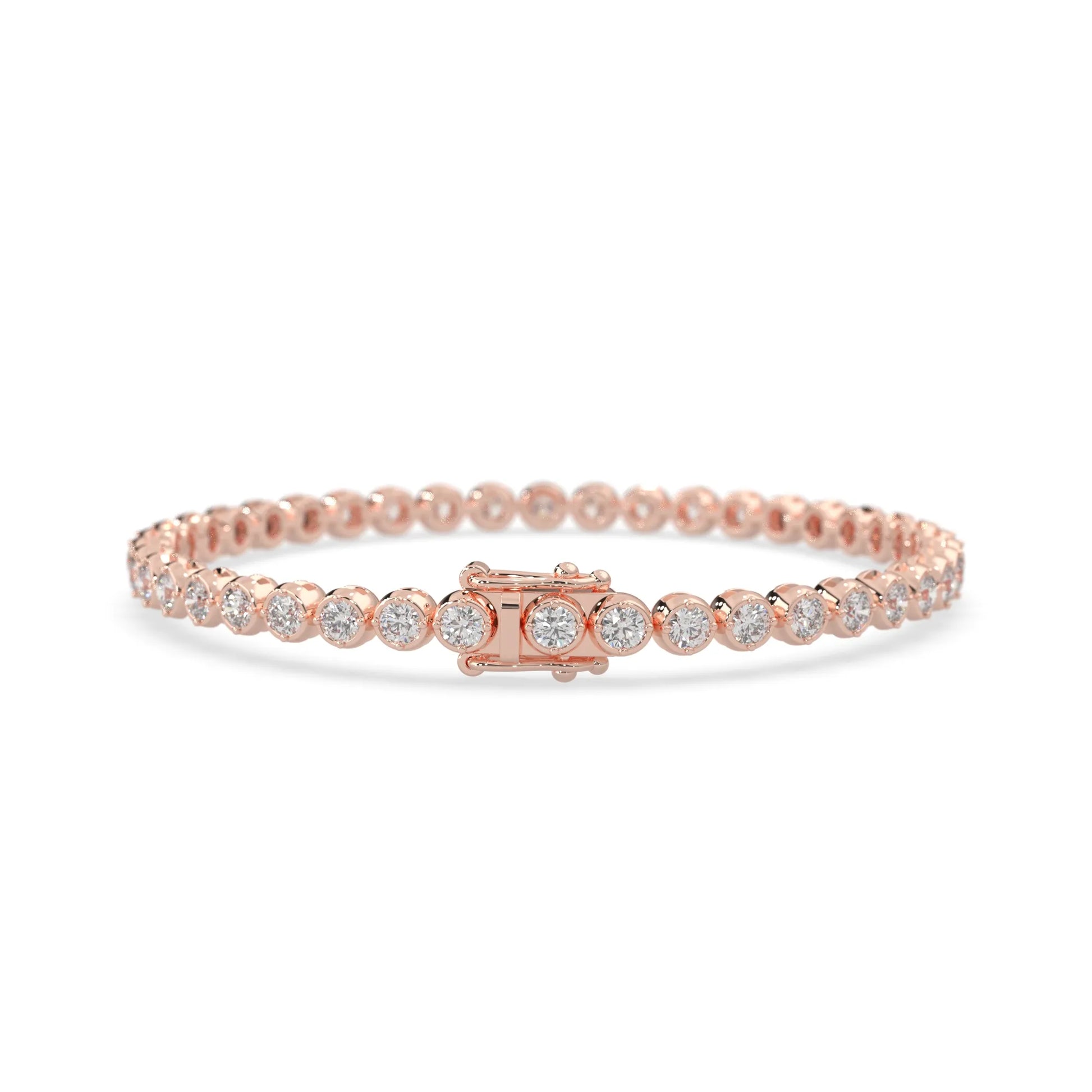 rose gold Round brilliant lab grown diamond tennis bracelet with bezel settings and a secure box clasp with double safety latch.