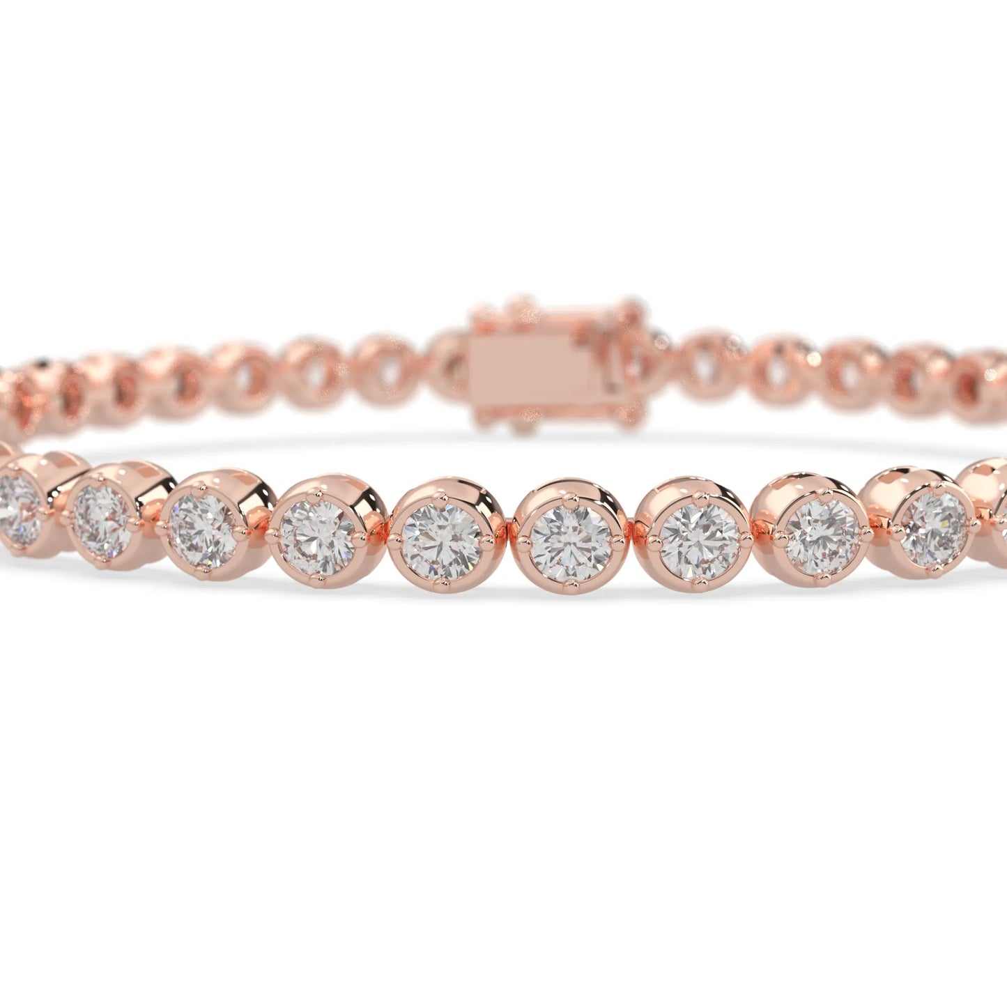 rose gold Round brilliant lab grown diamond tennis bracelet with bezel settings and a secure box clasp with double safety latch.