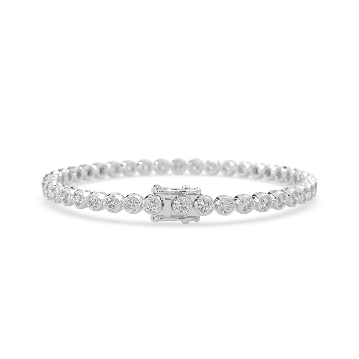 white gold Round brilliant lab grown diamond tennis bracelet with bezel settings and a secure box clasp with double safety latch.