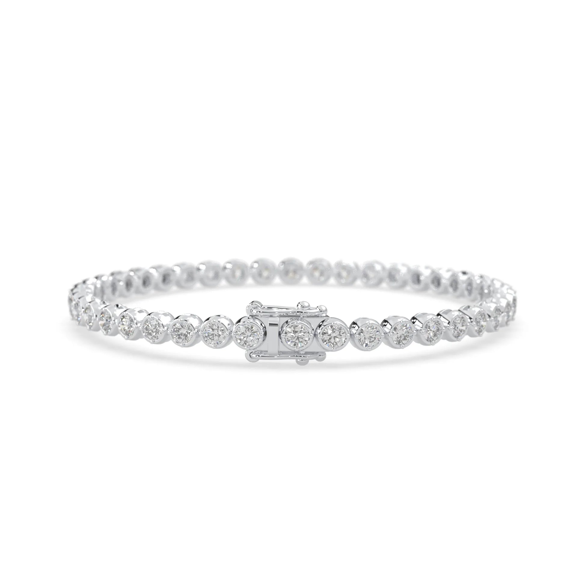 white gold Round brilliant lab grown diamond tennis bracelet with bezel settings and a secure box clasp with double safety latch.
