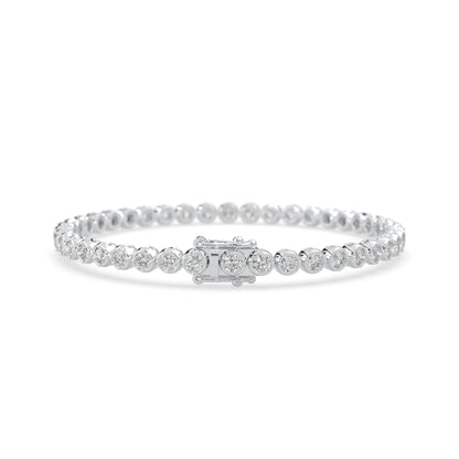 white gold Round brilliant lab grown diamond tennis bracelet with bezel settings and a secure box clasp with double safety latch.