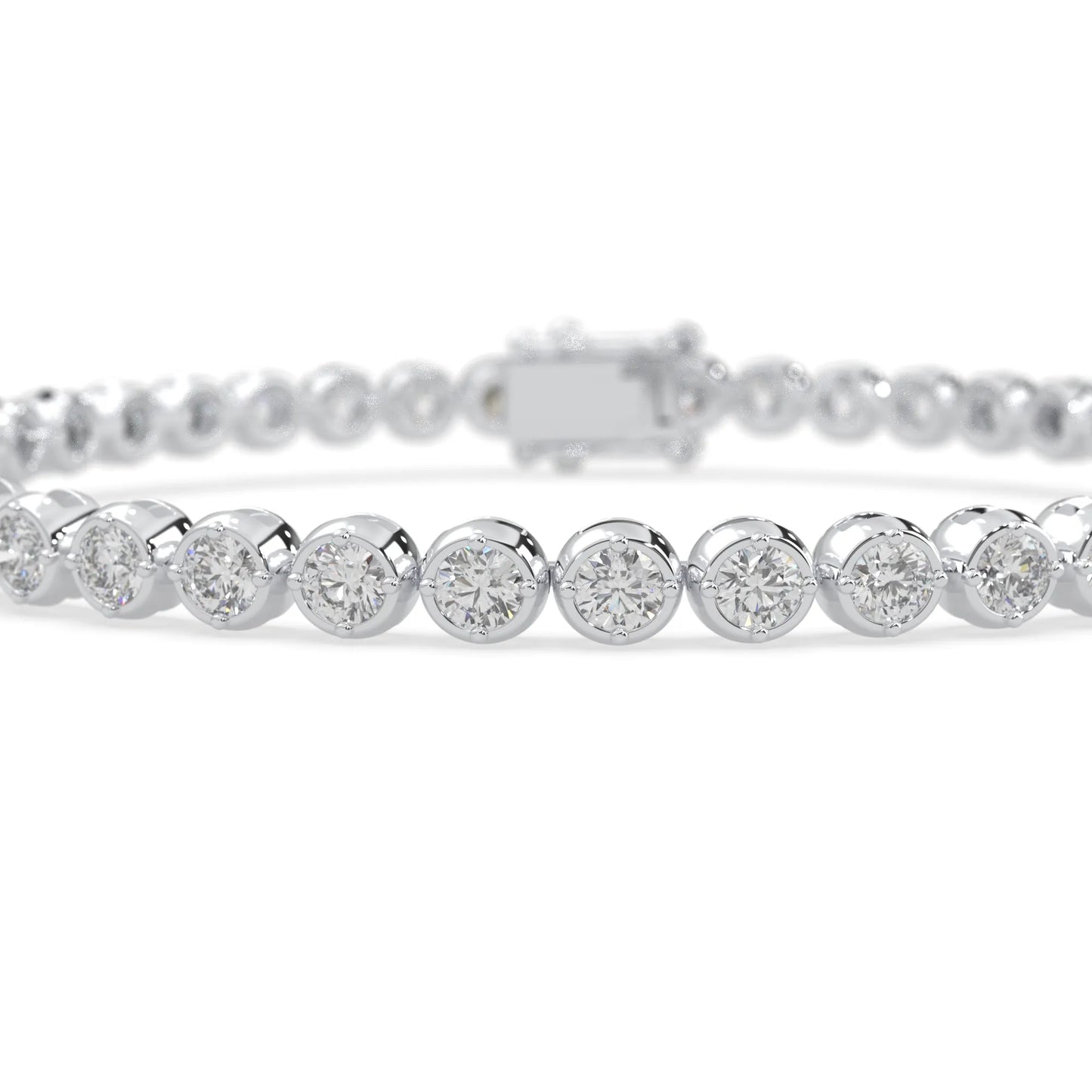 white gold Round brilliant lab grown diamond tennis bracelet with bezel settings and a secure box clasp with double safety latch.