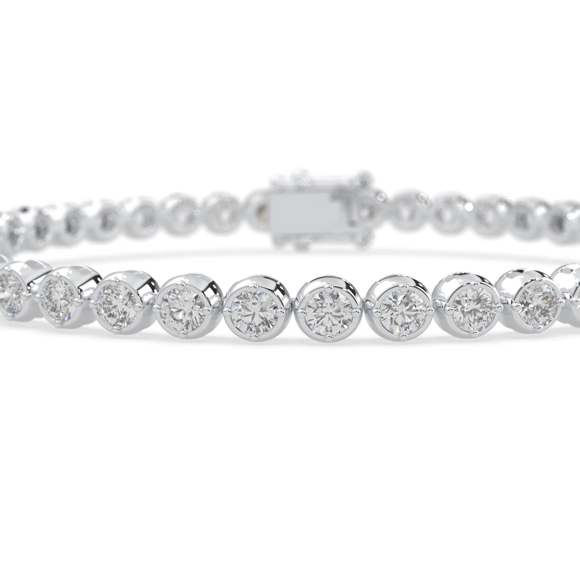 white gold Round brilliant lab grown diamond tennis bracelet with bezel settings and a secure box clasp with double safety latch.