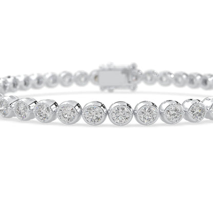 white gold Round brilliant lab grown diamond tennis bracelet with bezel settings and a secure box clasp with double safety latch.