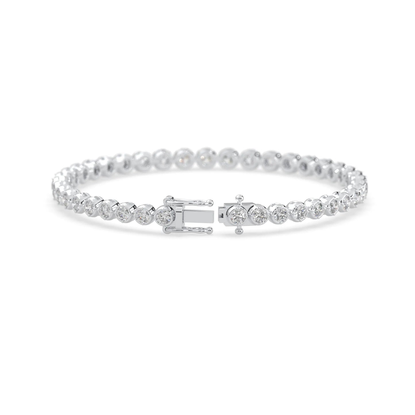 white gold Round brilliant lab grown diamond tennis bracelet with bezel settings and a secure box clasp with double safety latch.