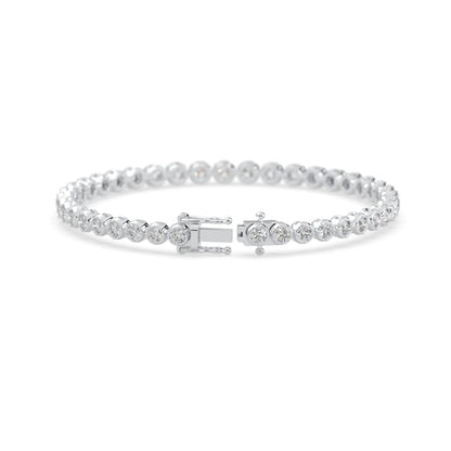 white gold Round brilliant lab grown diamond tennis bracelet with bezel settings and a secure box clasp with double safety latch.