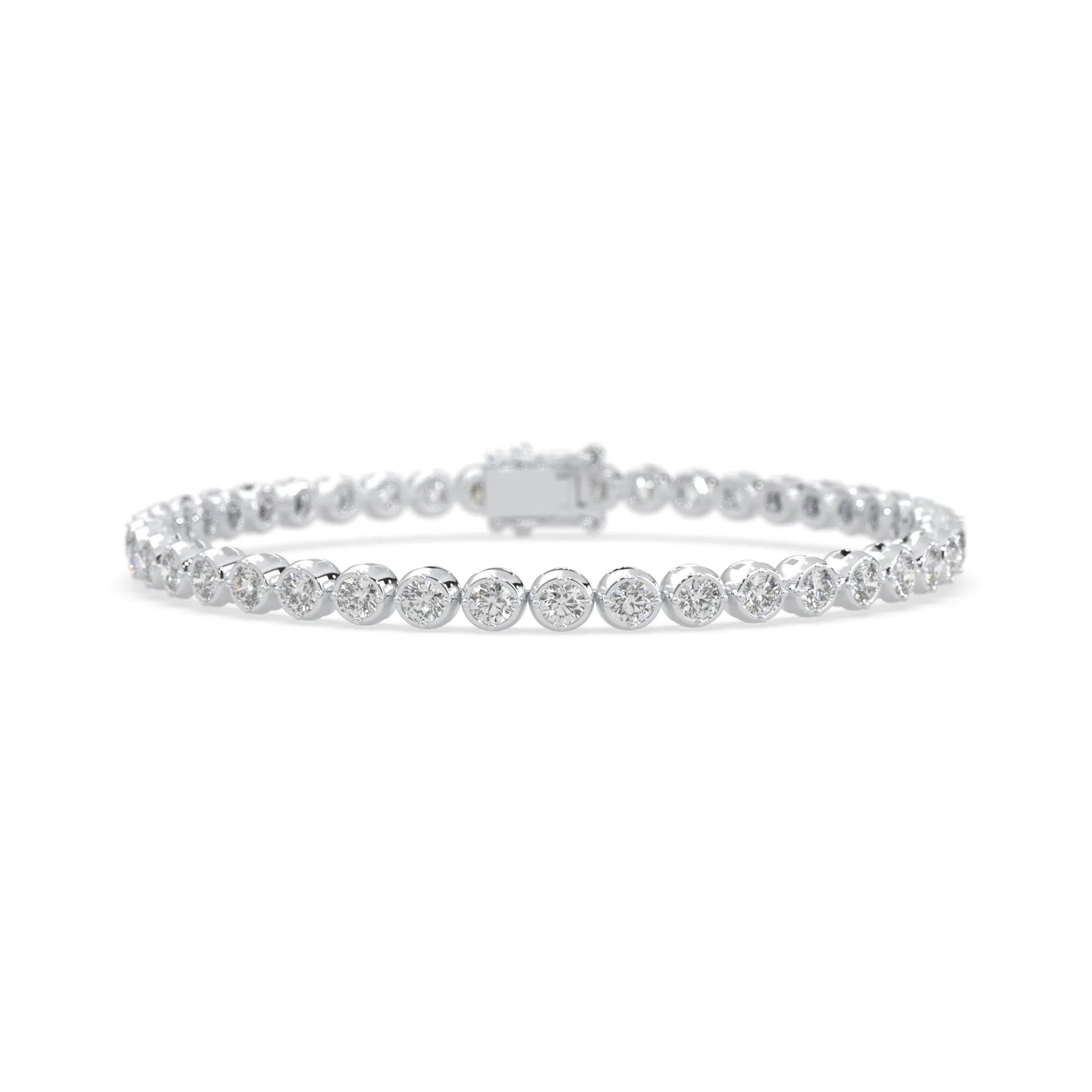 white gold Round brilliant lab grown diamond tennis bracelet with bezel settings and a secure box clasp with double safety latch.