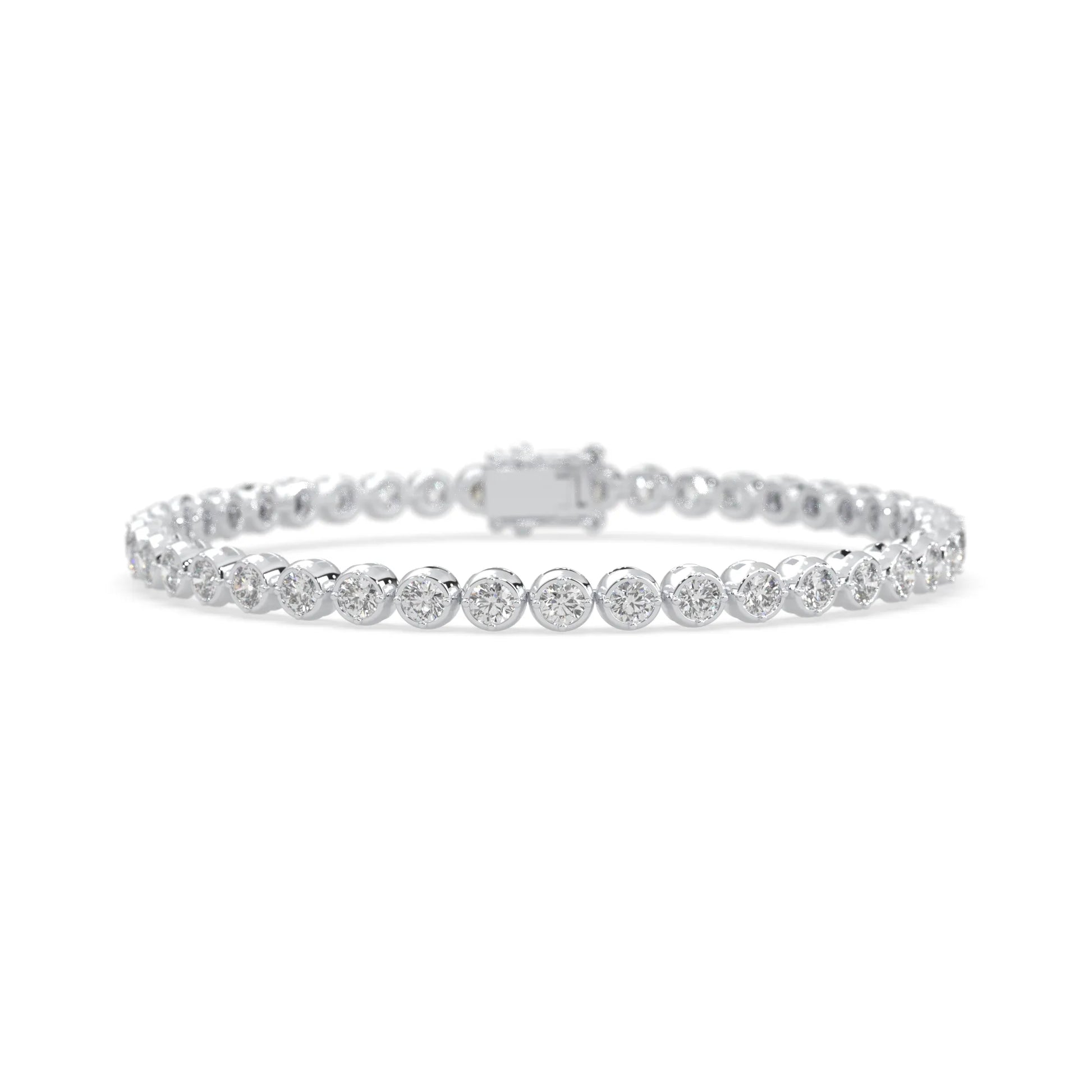 white gold Round brilliant lab grown diamond tennis bracelet with bezel settings and a secure box clasp with double safety latch.