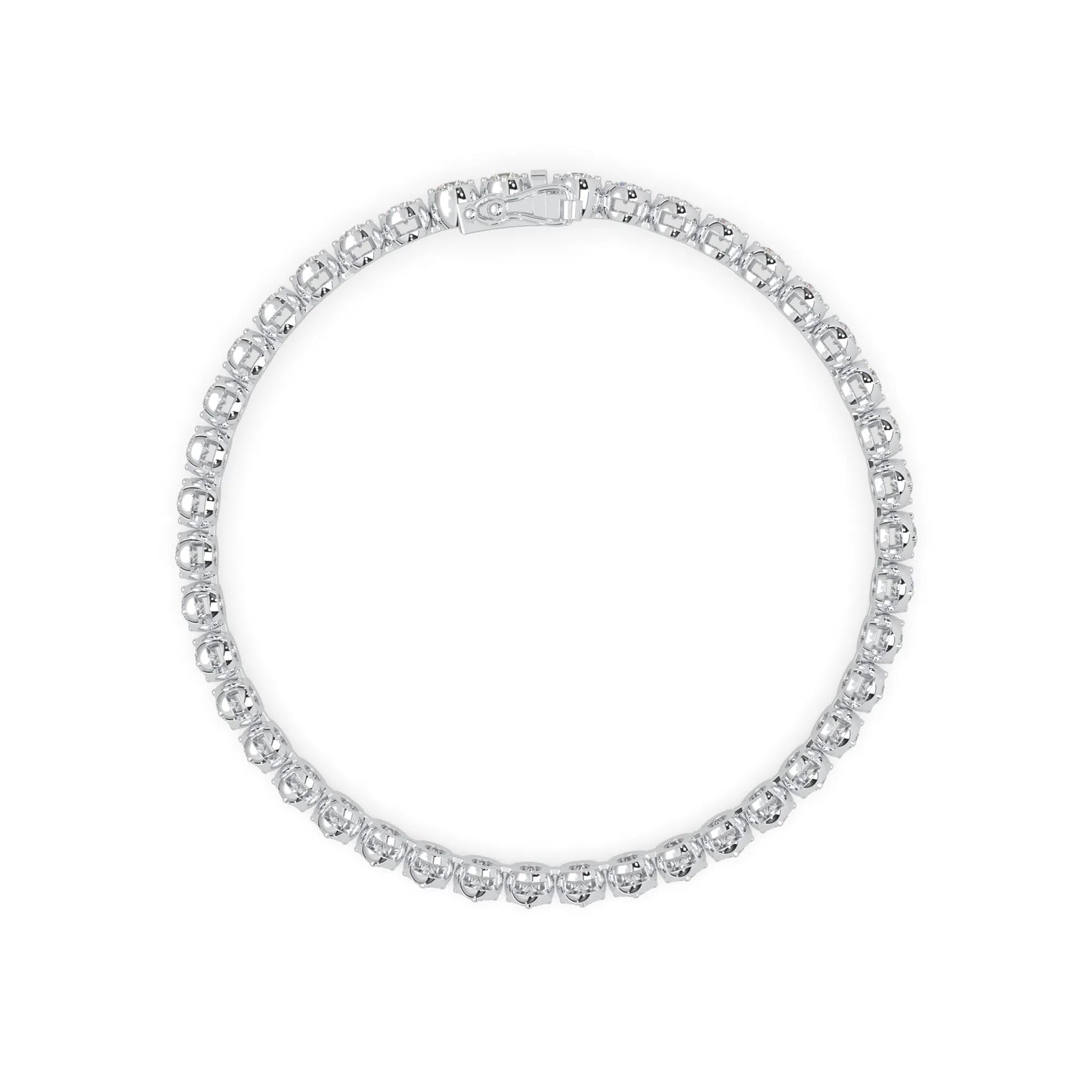 white gold Round brilliant lab grown diamond tennis bracelet with bezel settings and a secure box clasp with double safety latch.