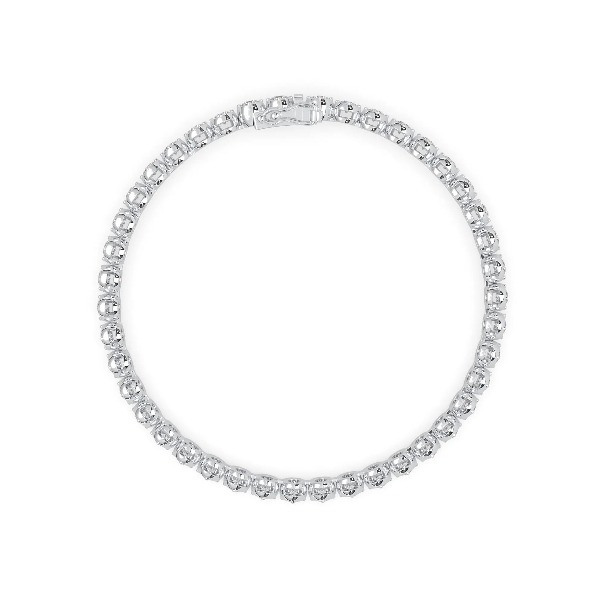 white gold Round brilliant lab grown diamond tennis bracelet with bezel settings and a secure box clasp with double safety latch.