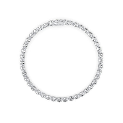 white gold Round brilliant lab grown diamond tennis bracelet with bezel settings and a secure box clasp with double safety latch.