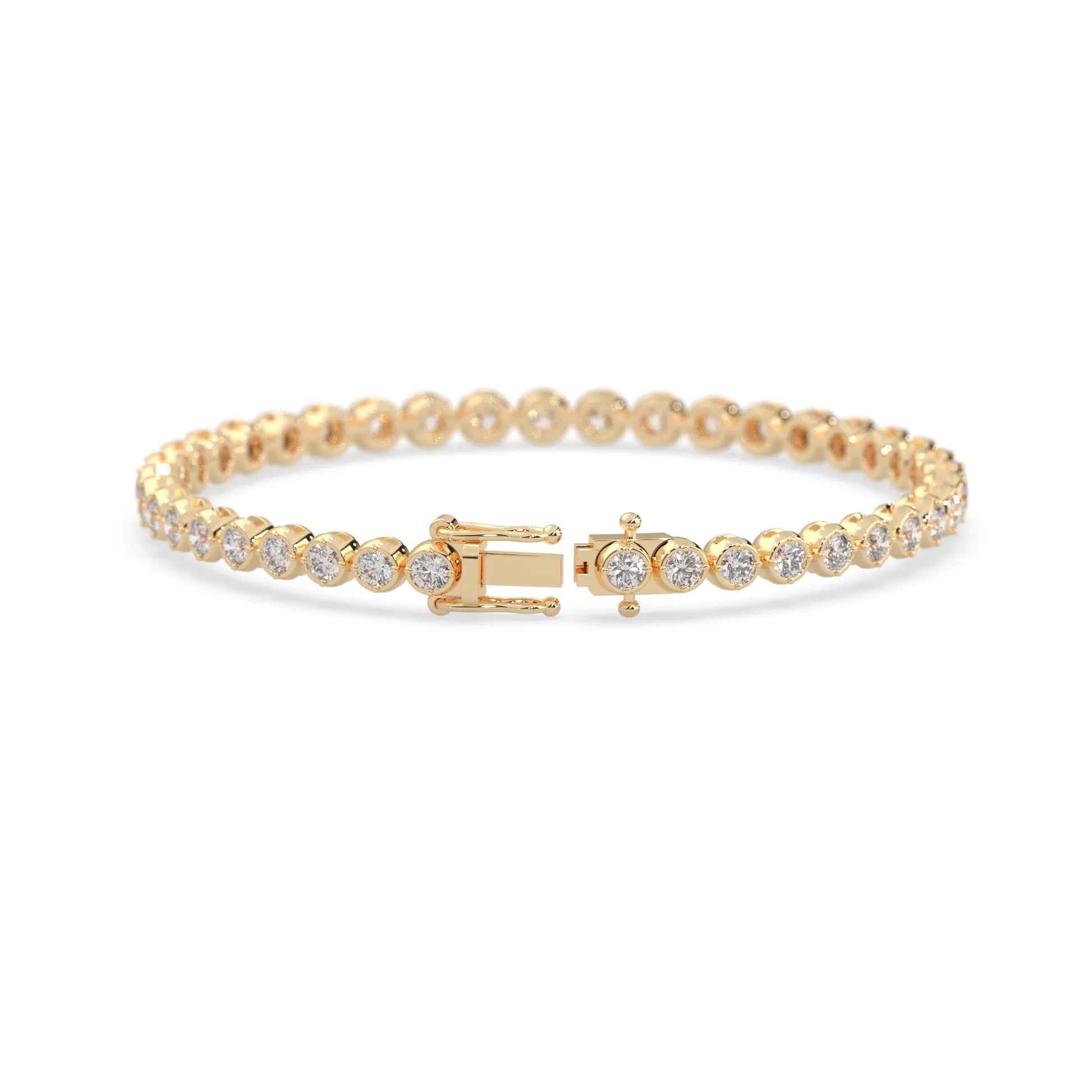 yellow gold Round brilliant lab grown diamond tennis bracelet with bezel settings and a secure box clasp with double safety latch.