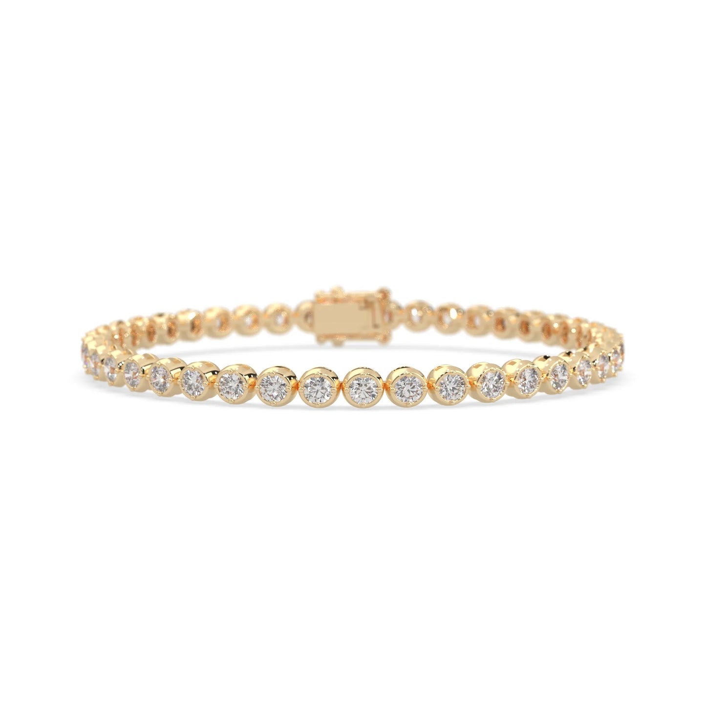yellow gold Round brilliant lab grown diamond tennis bracelet with bezel settings and a secure box clasp with double safety latch.