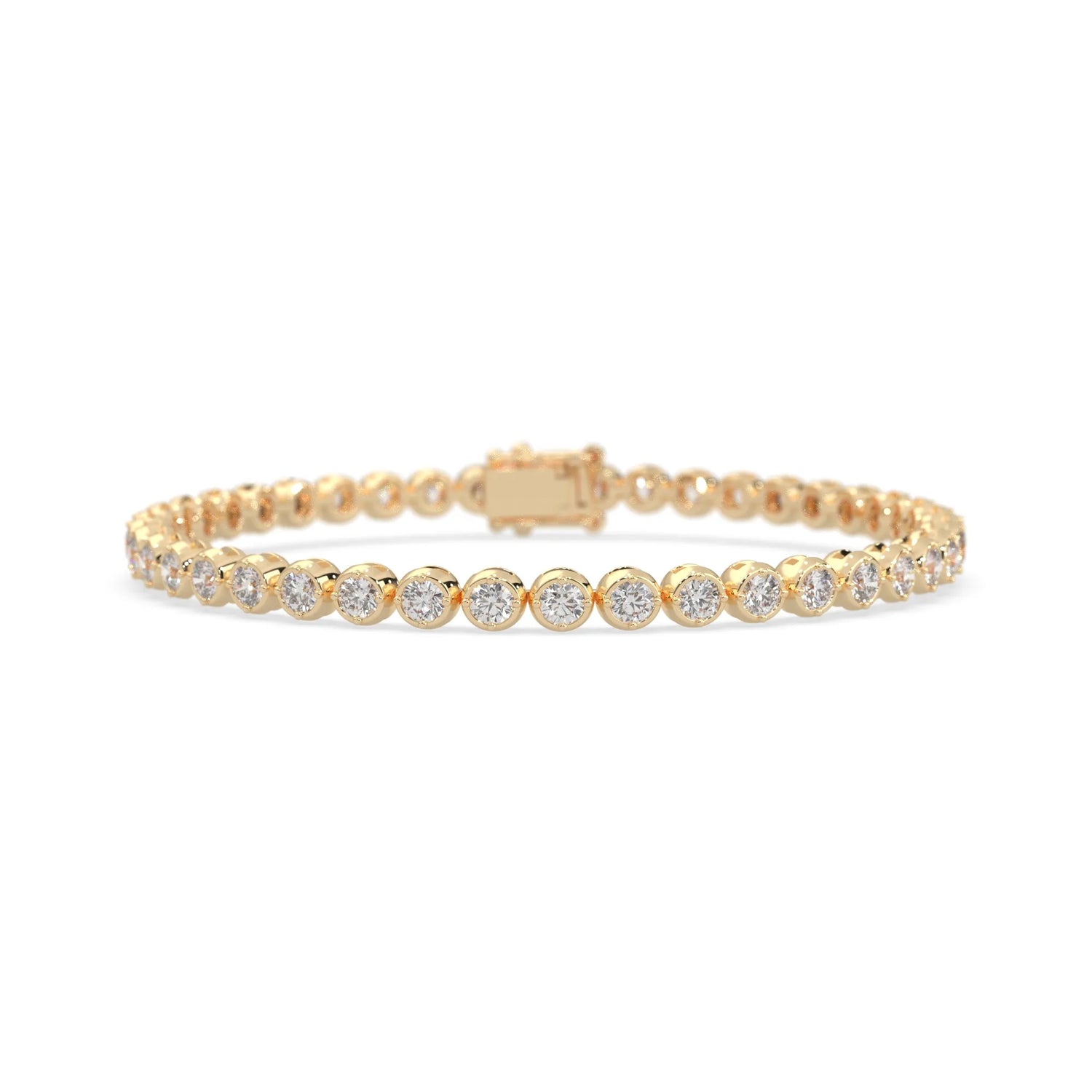 yellow gold Round brilliant lab grown diamond tennis bracelet with bezel settings and a secure box clasp with double safety latch.