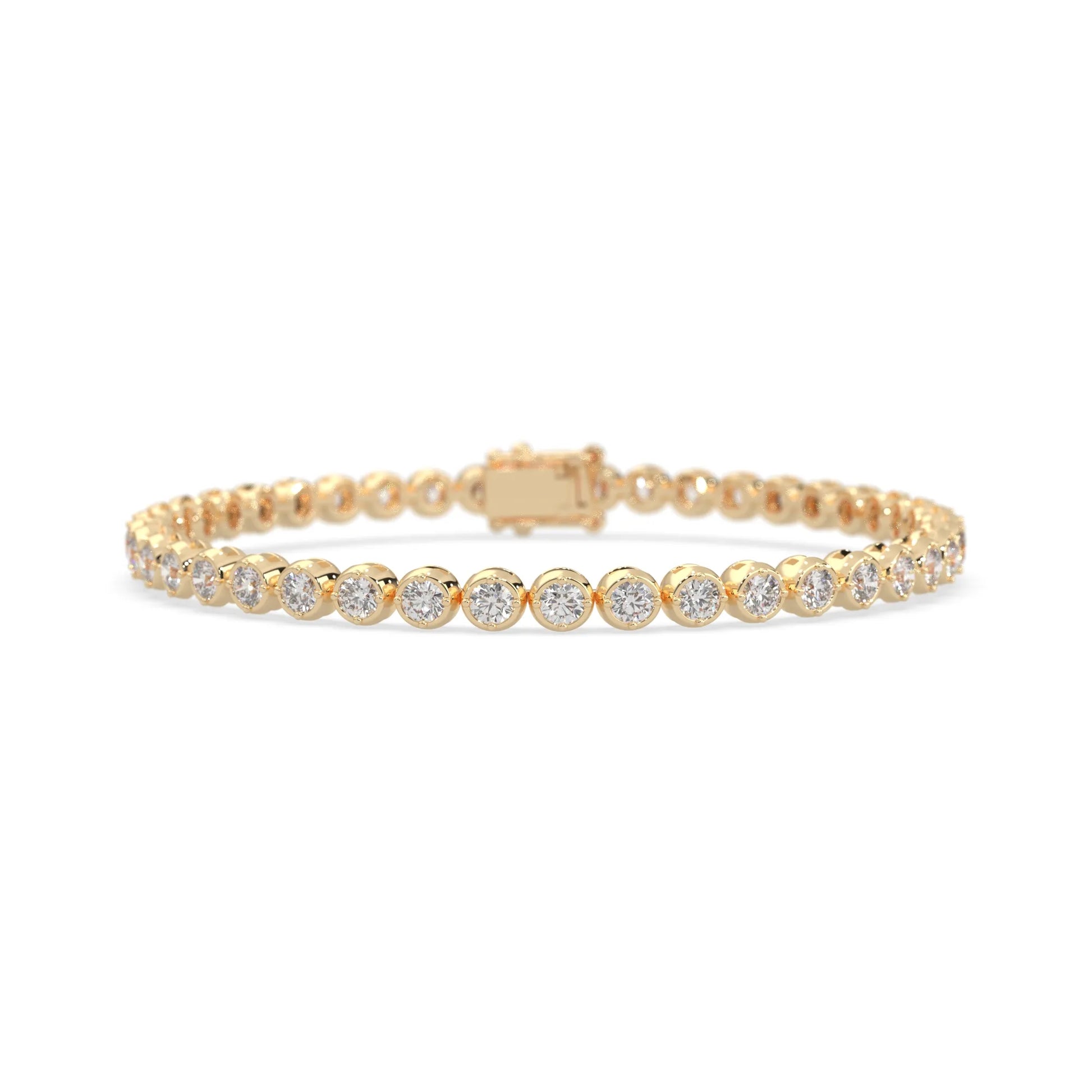 yellow gold Round brilliant lab grown diamond tennis bracelet with bezel settings and a secure box clasp with double safety latch.