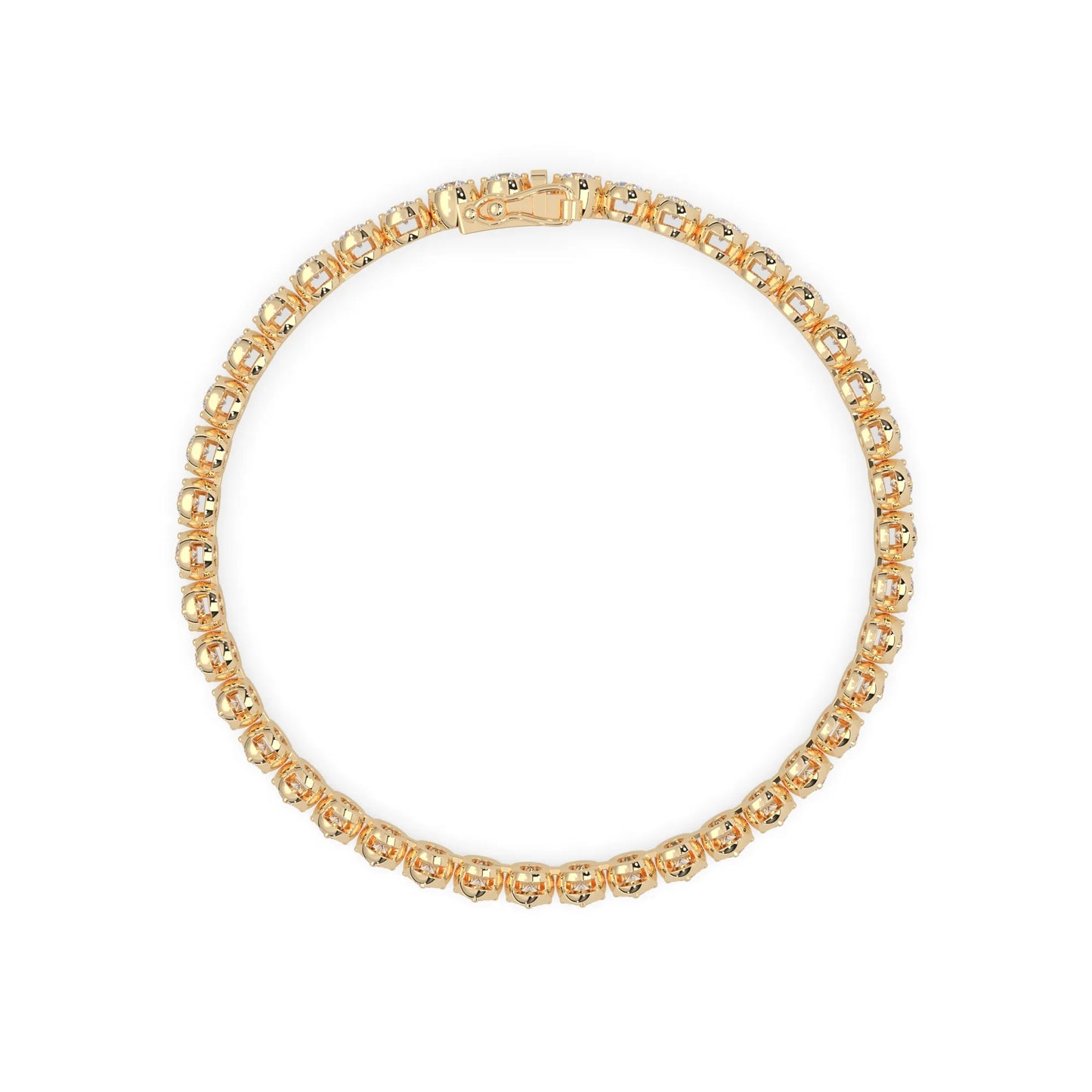 yellow gold Round brilliant lab grown diamond tennis bracelet with bezel settings and a secure box clasp with double safety latch.