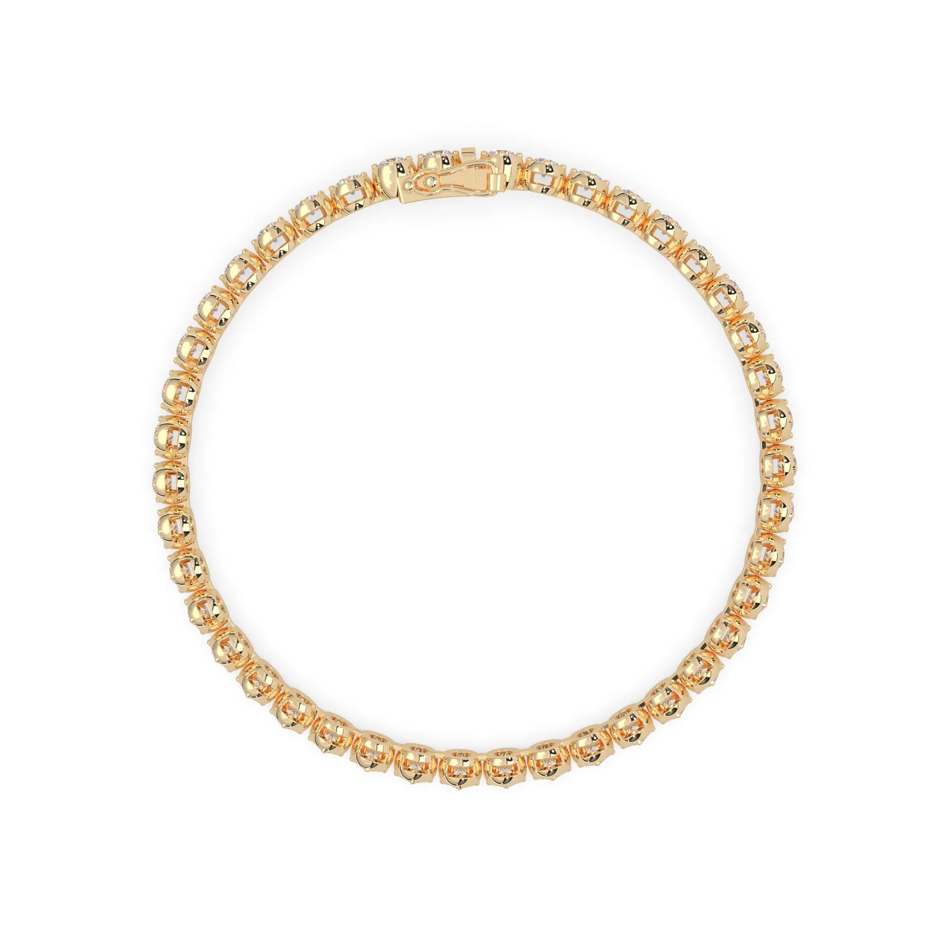 yellow gold Round brilliant lab grown diamond tennis bracelet with bezel settings and a secure box clasp with double safety latch.