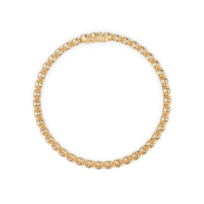 yellow gold Round brilliant lab grown diamond tennis bracelet with bezel settings and a secure box clasp with double safety latch.