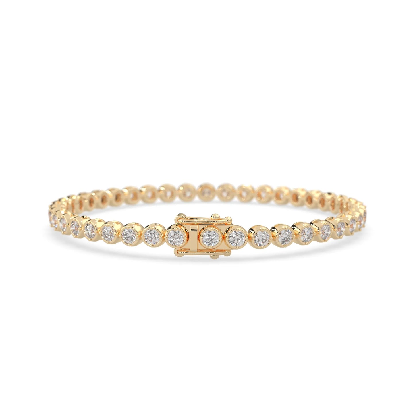 yellow gold Round brilliant lab grown diamond tennis bracelet with bezel settings and a secure box clasp with double safety latch.