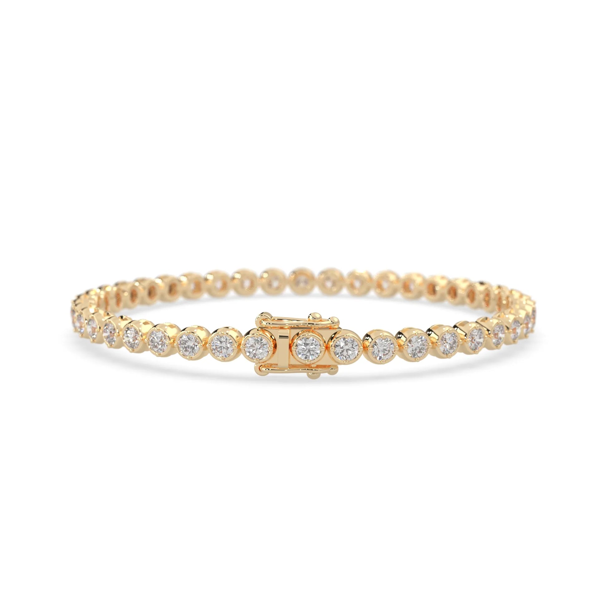 yellow gold Round brilliant lab grown diamond tennis bracelet with bezel settings and a secure box clasp with double safety latch.