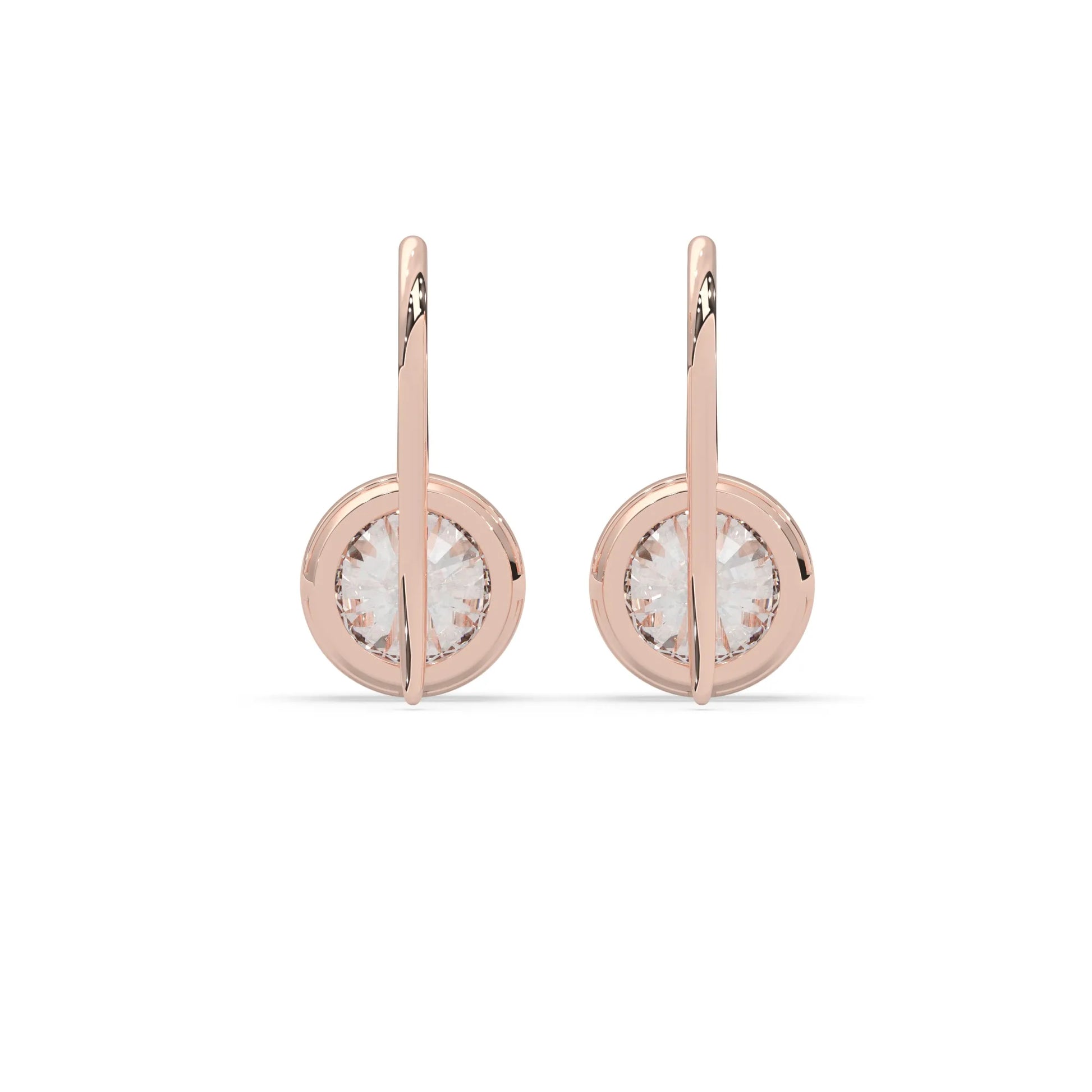 rose gold Round bezel set lab grown diamond drop earrings with 6.50 mm IGI certified round diamonds and elegant French wire hook closure.