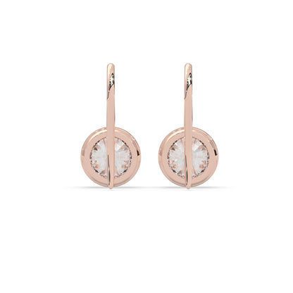 rose gold Round bezel set lab grown diamond drop earrings with 6.50 mm IGI certified round diamonds and elegant French wire hook closure.