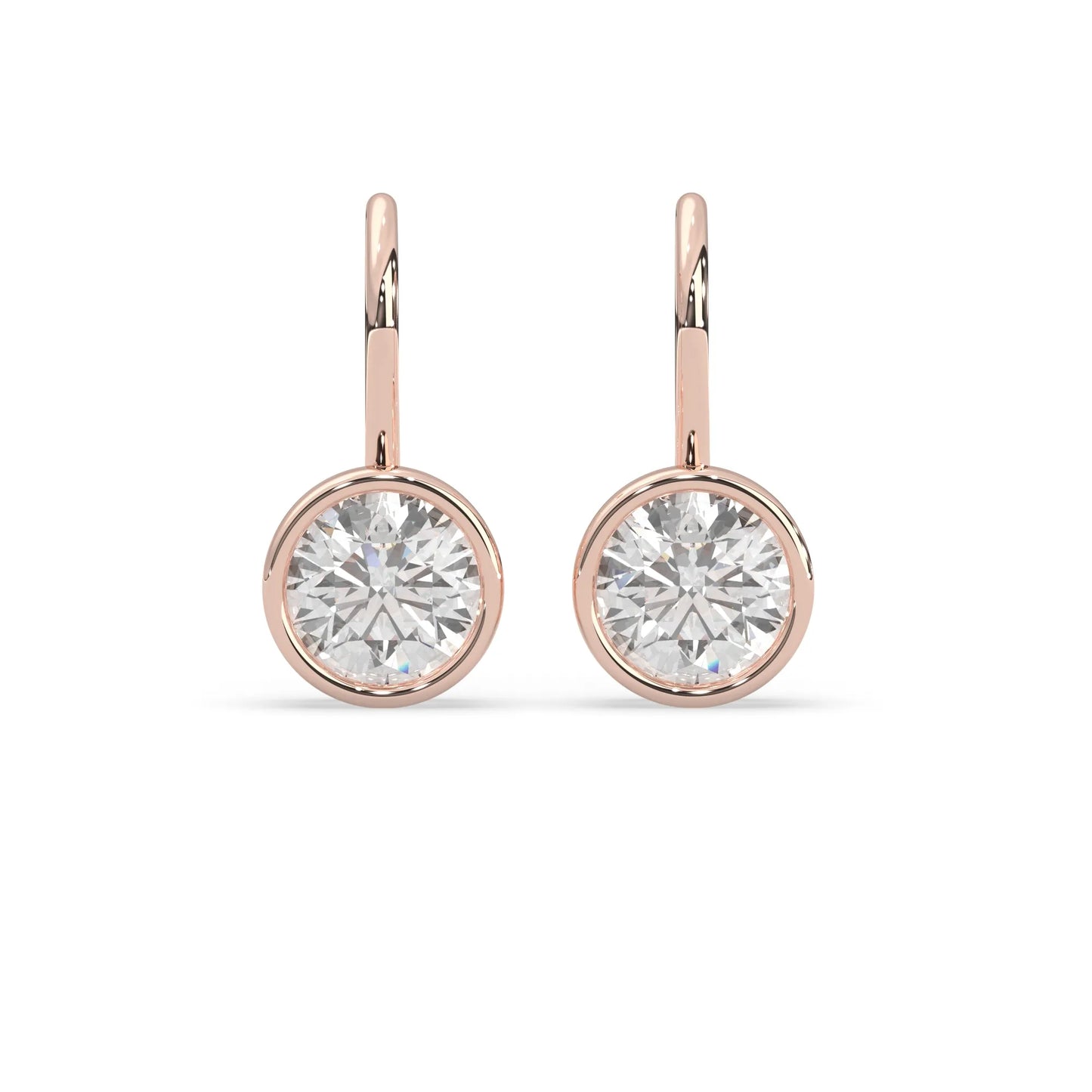 rose gold Round bezel set lab grown diamond drop earrings with 6.50 mm IGI certified round diamonds and elegant French wire hook closure.