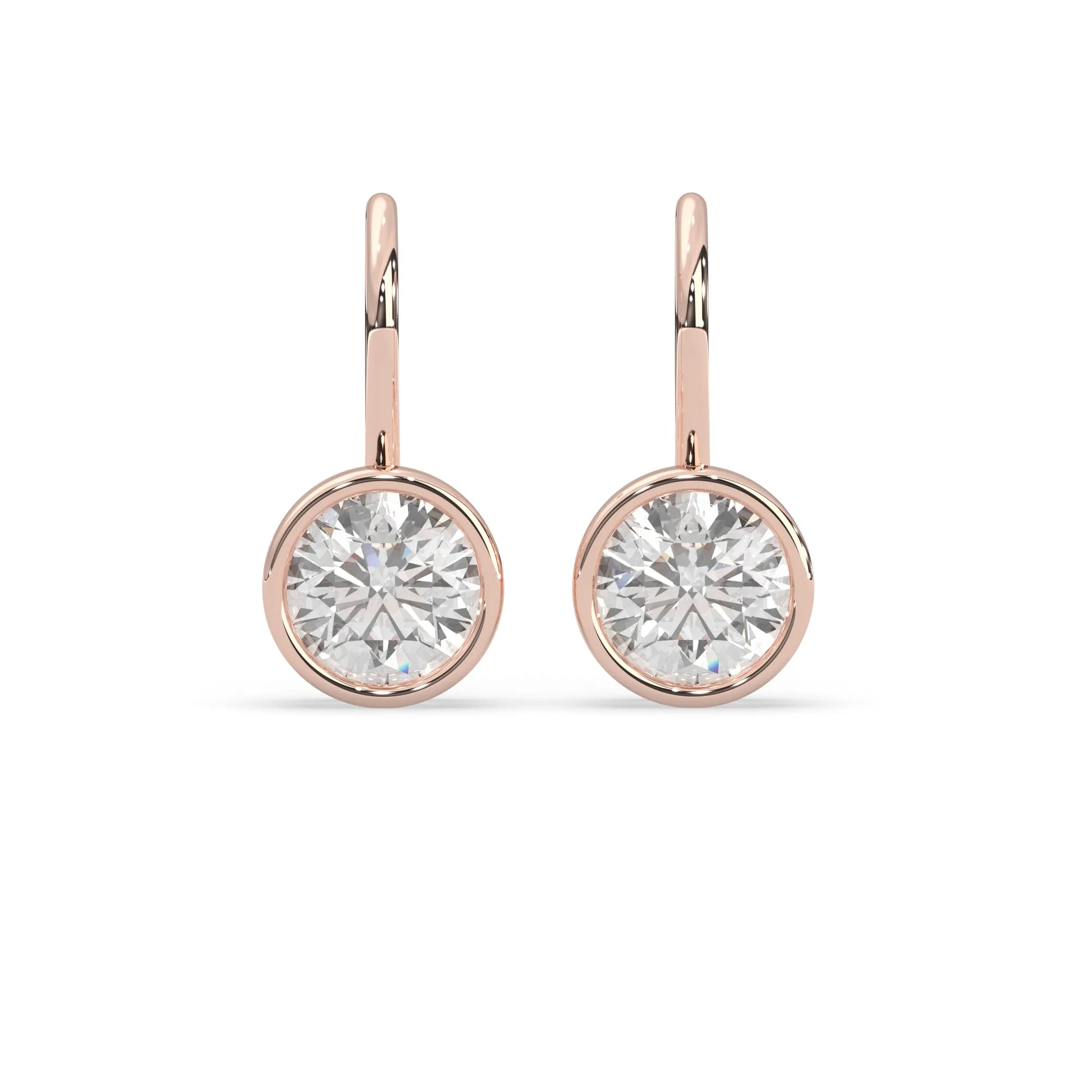 rose gold Round bezel set lab grown diamond drop earrings with 6.50 mm IGI certified round diamonds and elegant French wire hook closure.