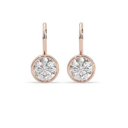 rose gold Round bezel set lab grown diamond drop earrings with 6.50 mm IGI certified round diamonds and elegant French wire hook closure.