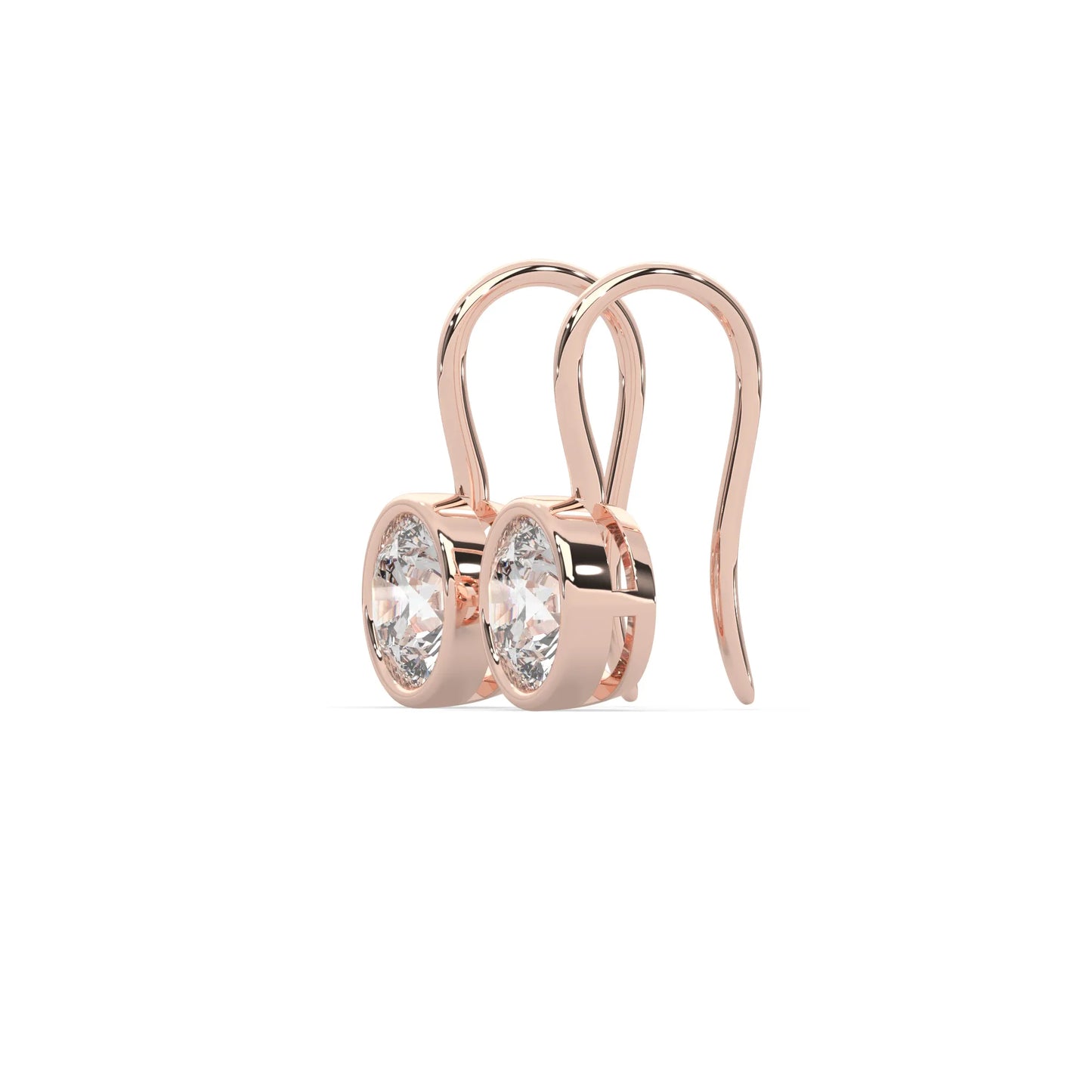 rose gold Round bezel set lab grown diamond drop earrings with 6.50 mm IGI certified round diamonds and elegant French wire hook closure.