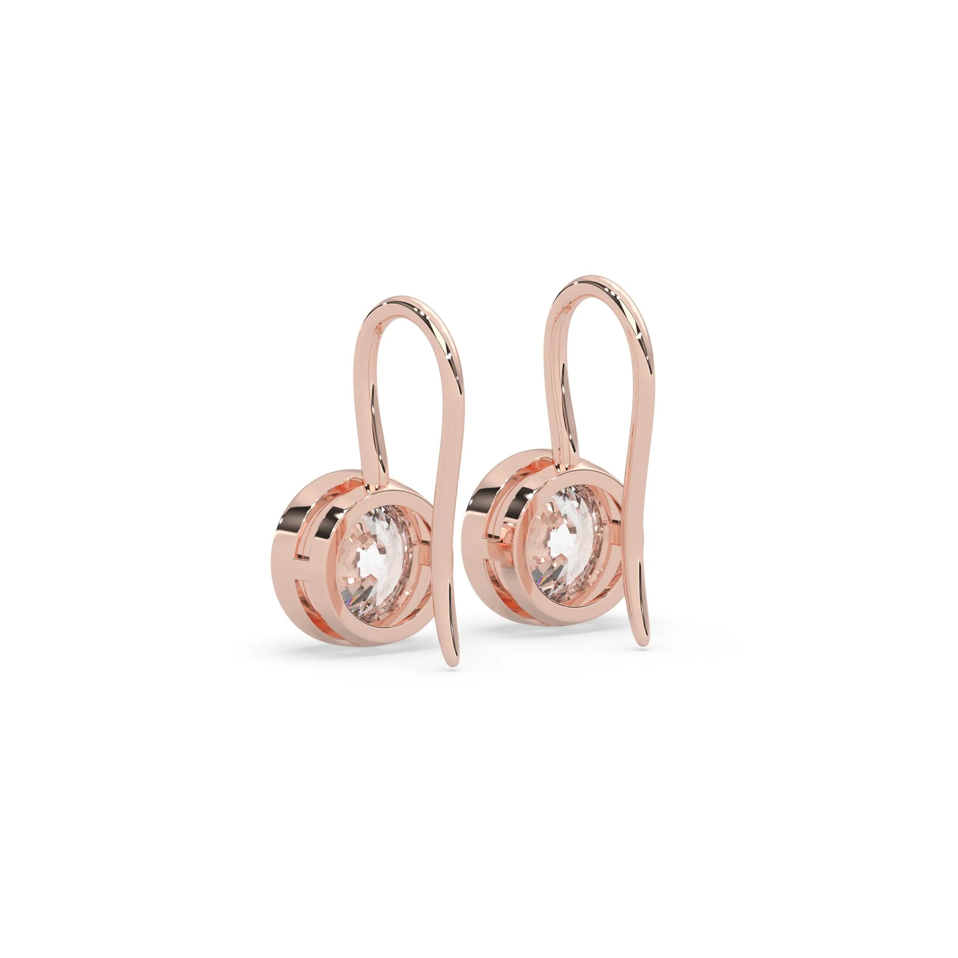 rose gold Round bezel set lab grown diamond drop earrings with 6.50 mm IGI certified round diamonds and elegant French wire hook closure.