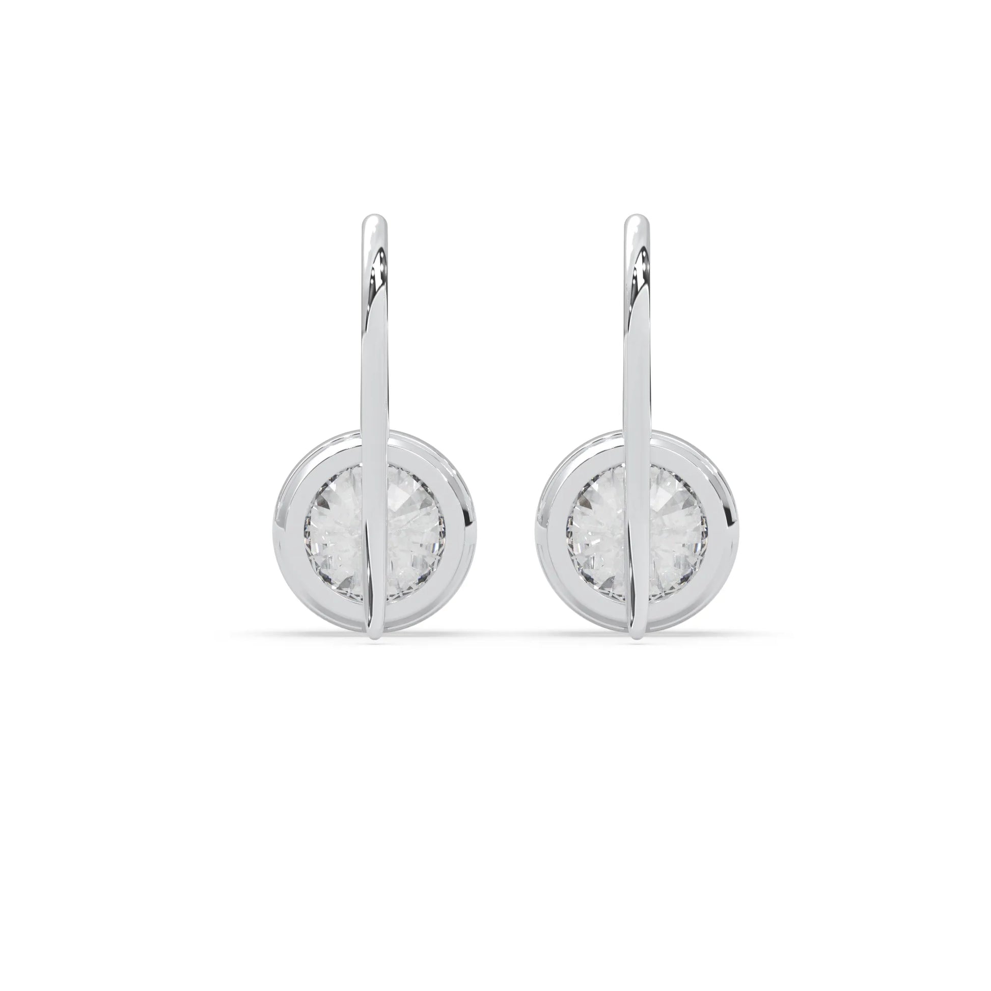 white gold Round bezel set lab grown diamond drop earrings with 6.50 mm IGI certified round diamonds and elegant French wire hook closure.