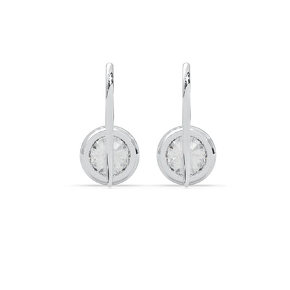 white gold Round bezel set lab grown diamond drop earrings with 6.50 mm IGI certified round diamonds and elegant French wire hook closure.
