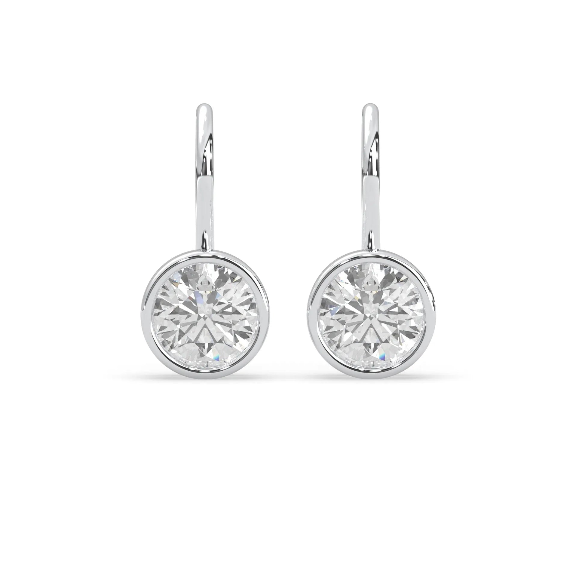 white gold Round bezel set lab grown diamond drop earrings with 6.50 mm IGI certified round diamonds and elegant French wire hook closure.