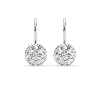 white gold Round bezel set lab grown diamond drop earrings with 6.50 mm IGI certified round diamonds and elegant French wire hook closure.