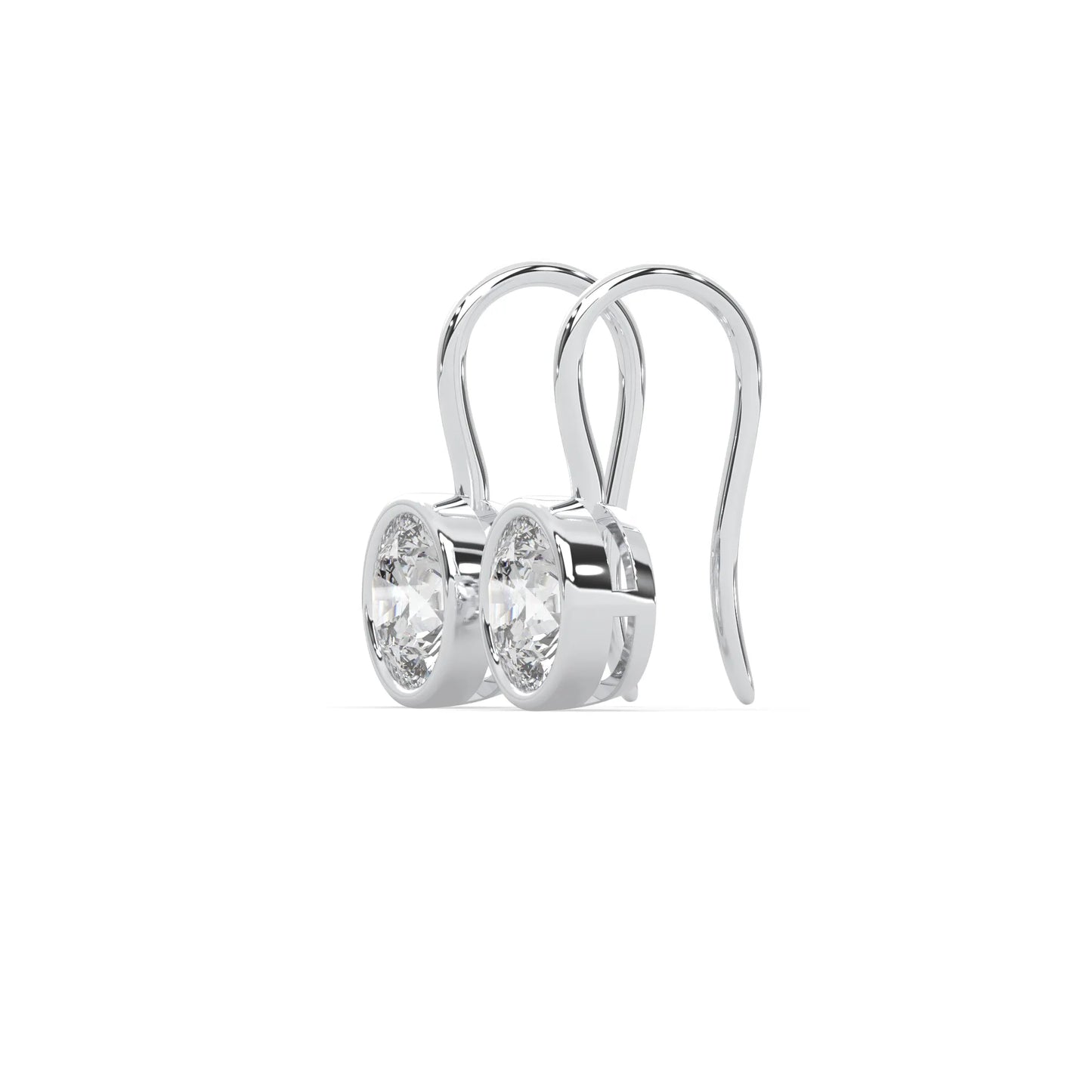 white gold Round bezel set lab grown diamond drop earrings with 6.50 mm IGI certified round diamonds and elegant French wire hook closure.