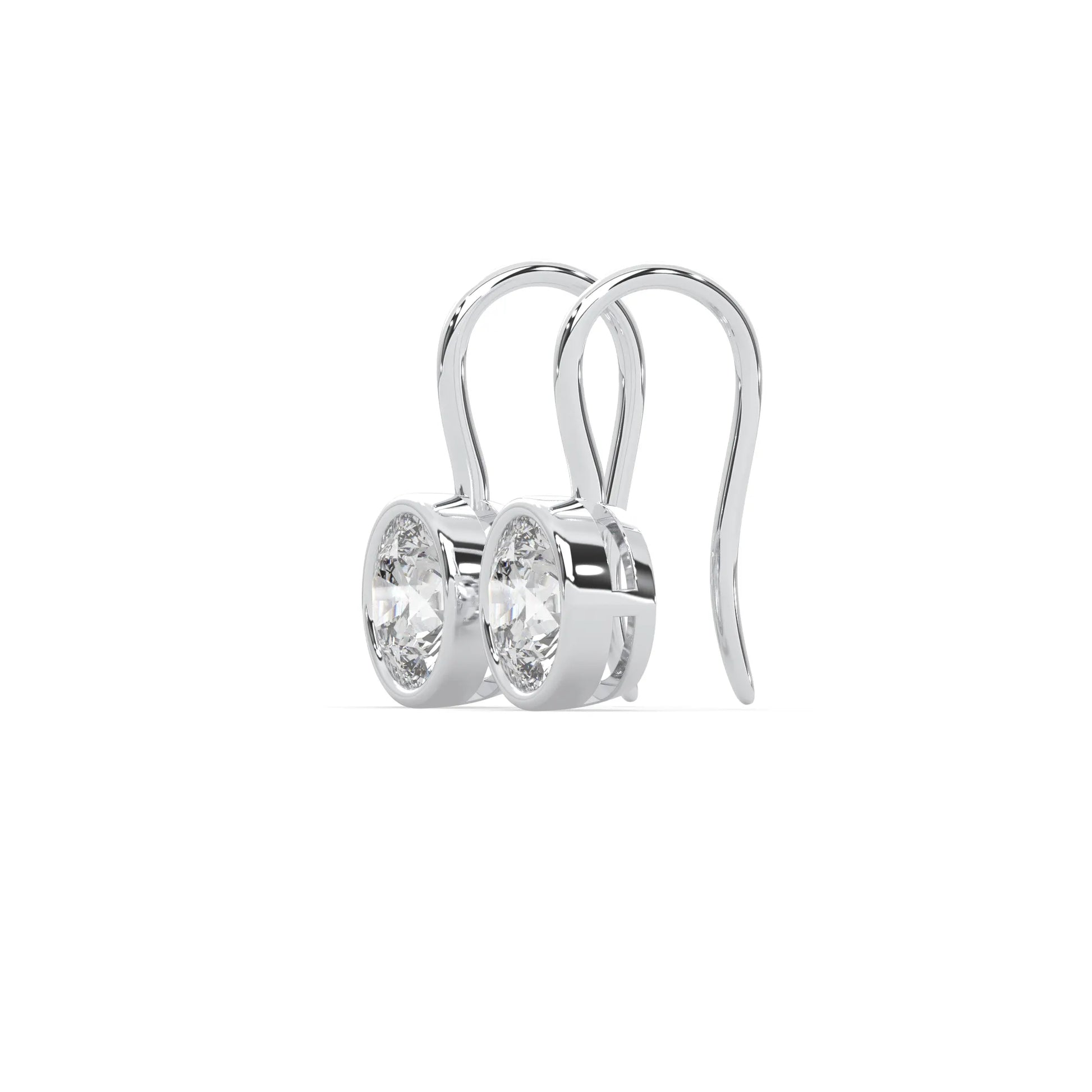 white gold Round bezel set lab grown diamond drop earrings with 6.50 mm IGI certified round diamonds and elegant French wire hook closure.